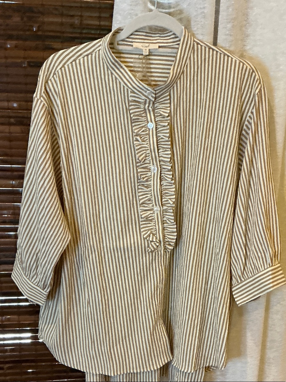 Striped Ruffle Placket Button-Down Shirt in Beige and White